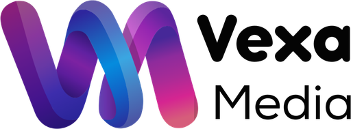 Vexa Media primary lockup with black wordmark on a light background